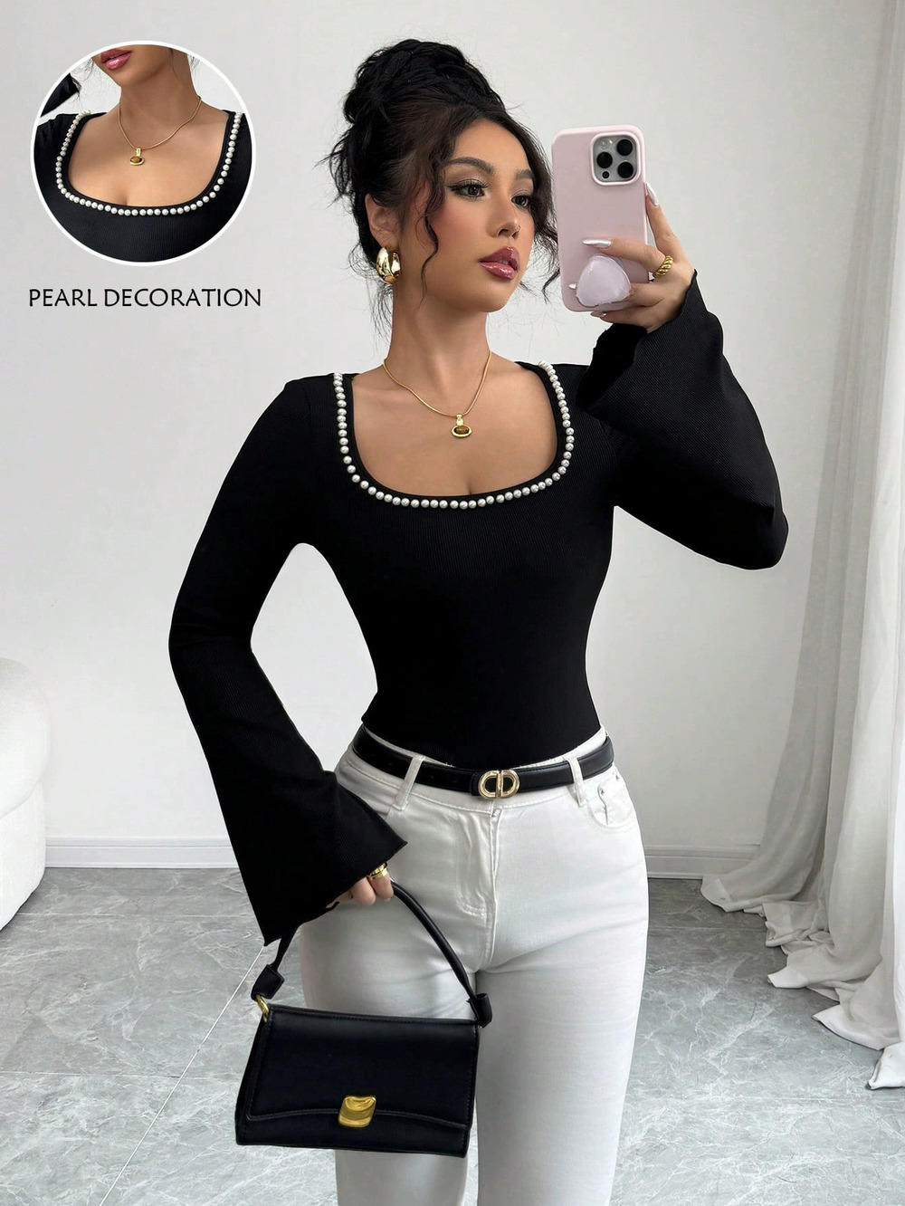 ZARA Chic Black Square Neck Pearl Embellished Long Flared Sleeve Slim Top